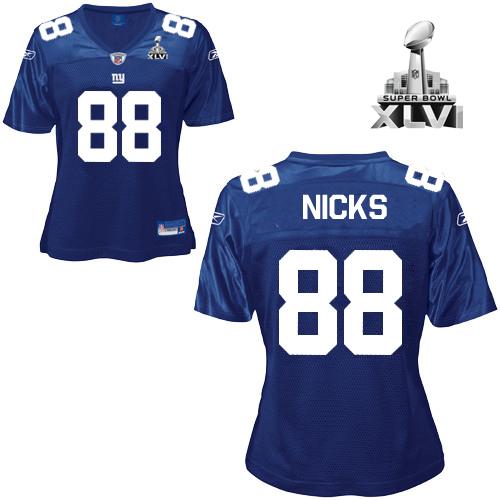 Giants #88 Hakeem Nicks Blue Women's Team Color Super Bowl XLVI Stitched NFL Jersey - Click Image to Close